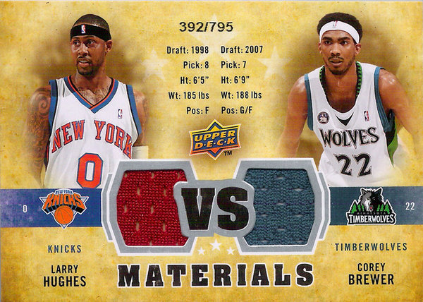 2009-10 Upper Deck VS Dual Materials Larry Hughes/Corey Brewer /795 Knicks/Timberwolves!