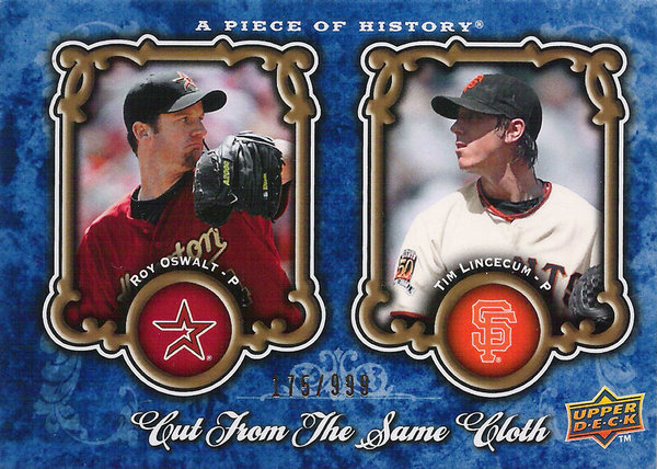 2009 UD A Piece of History Cut From The Same Cloth Roy Oswalt/Tim Lincecum /999 Astros/Giants!