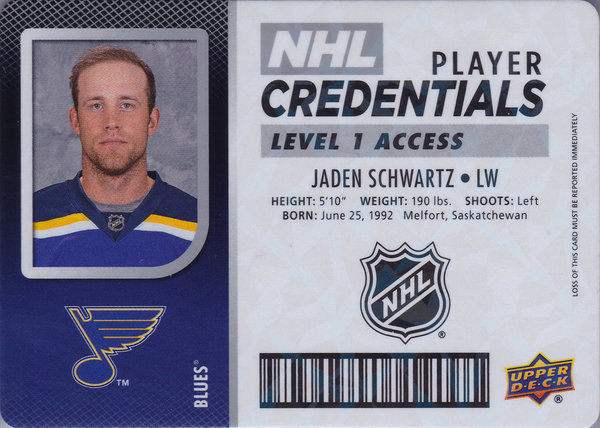 2017-18 Upper Deck MVP NHL Player Credentials Level 1 Access Jaden Schwartz Blues!
