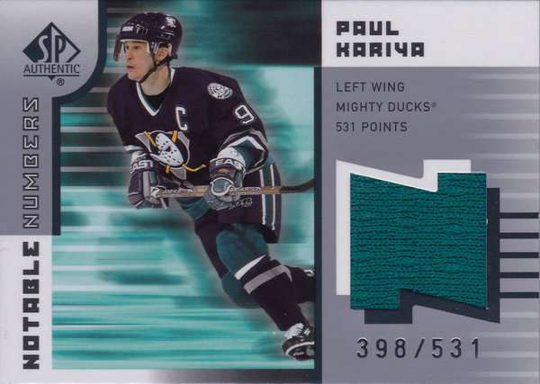 2001-02 SP Authentic Notable Numbers Jerseys Paul Kariya /531 Ducks!