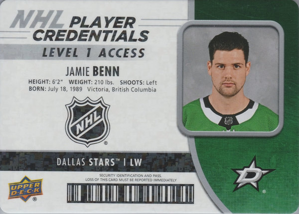 2018-19 Upper Deck MVP NHL Player Credentials Level 1 Access #NHLJB Jamie Benn Stars!