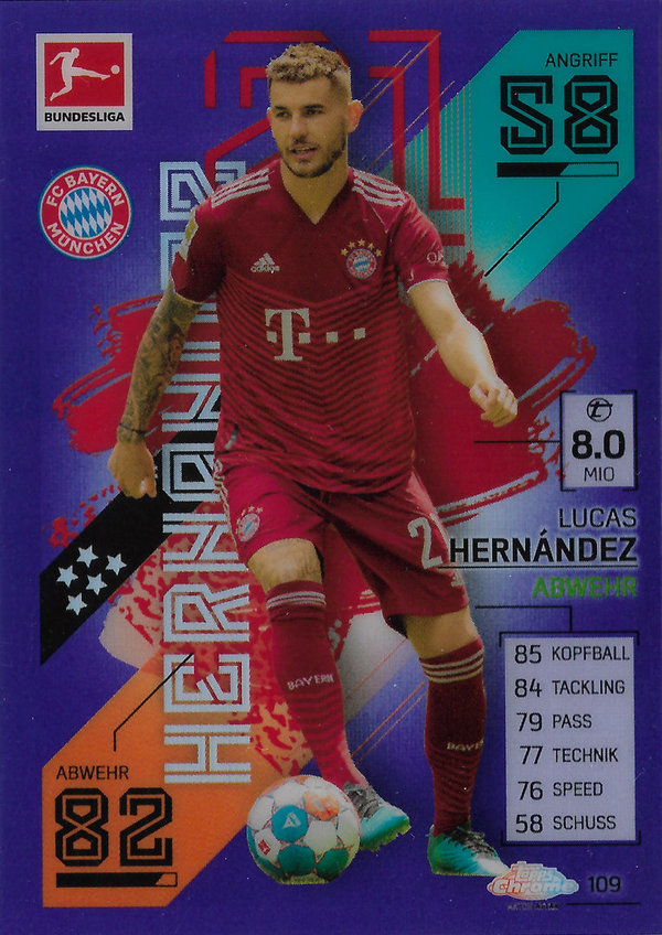 2021-22 Topps Chrome Match Attax Bundesliga Purple Refractor #109 Lucas Hernandez/299 Bayern München