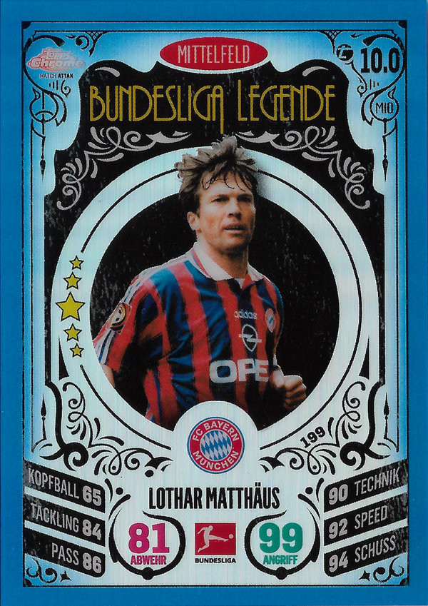 2021-22 Topps Chrome Match Attax Bundesliga Blue Refractors #199 Lothar Matthäus /150 Bayern München